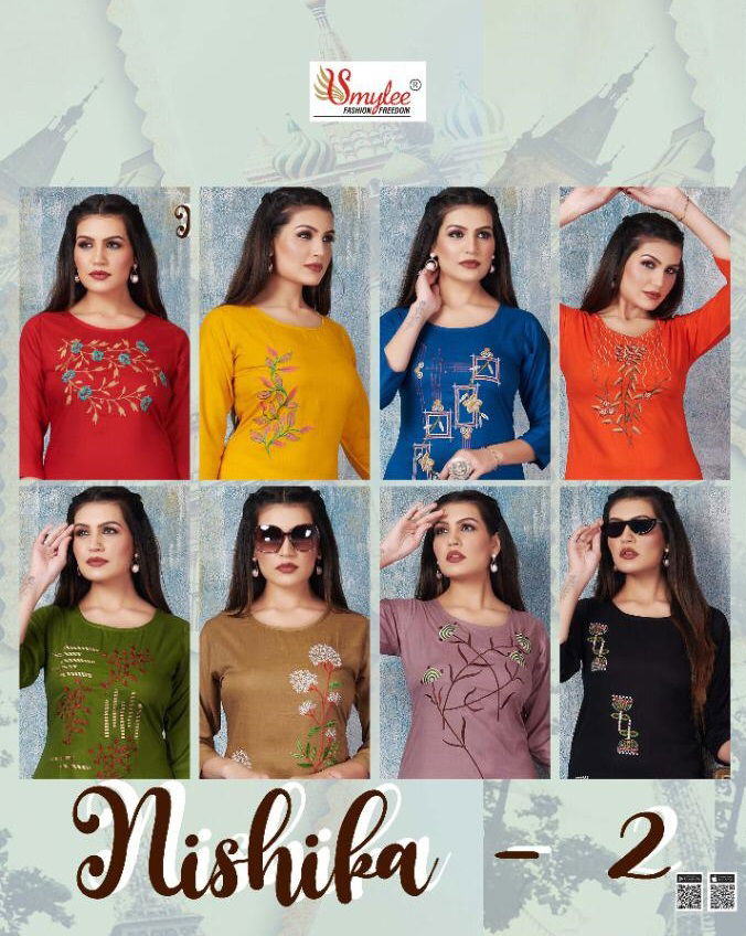 RUNG NISHIKA VOL-2 New Designer Daily Wear Heavy Slub Print Rayon Embroidery Work Kurtis Collection